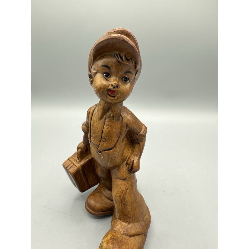 Vintage Faux Wood Plastic Figurine 7” Boy w/ Suitcase Made in Hong Kong